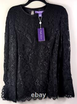 NWT Ralph Lauren Top Womens 12 Black Lace Sheer Long Sleeve Blouse, MSRP $1990