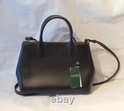 NWT Ralph Lauren USA Black Leather Small Zip Huntingdon Satchel Crossbody Strap