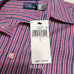 NWT248$ Polo Ralph Lauren Women Striped Long Sleeve Shirt Dress Size 2 Pink/Blue