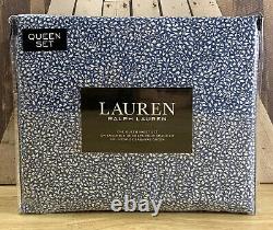 New Lauren Ralph Lauren Cotton 4 Piece Blue White Floral Sheet Set Queen RARE