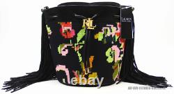 New Lauren Ralph Lauren Needlepoint Medium Andie Drawstring Bag Black Floral Lrl