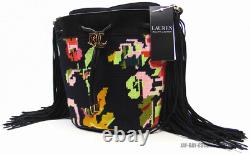 New Lauren Ralph Lauren Needlepoint Medium Andie Drawstring Bag Black Floral Lrl