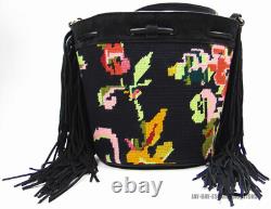 New Lauren Ralph Lauren Needlepoint Medium Andie Drawstring Bag Black Floral Lrl
