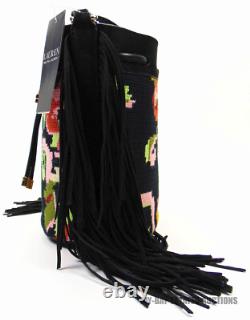 New Lauren Ralph Lauren Needlepoint Medium Andie Drawstring Bag Black Floral Lrl