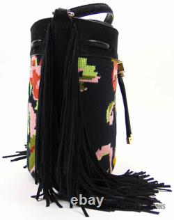 New Lauren Ralph Lauren Needlepoint Medium Andie Drawstring Bag Black Floral Lrl