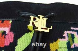 New Lauren Ralph Lauren Needlepoint Medium Andie Drawstring Bag Black Floral Lrl