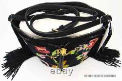 New Lauren Ralph Lauren Needlepoint Medium Andie Drawstring Bag Black Floral Lrl