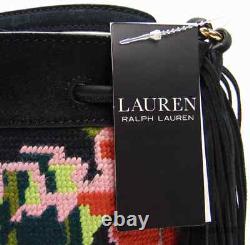 New Lauren Ralph Lauren Needlepoint Medium Andie Drawstring Bag Black Floral Lrl
