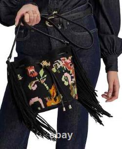 New Lauren Ralph Lauren Needlepoint Medium Andie Drawstring Bag Black Floral Lrl