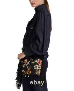 New Lauren Ralph Lauren Needlepoint Medium Andie Drawstring Bag Black Floral Lrl