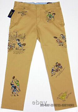 New Polo Ralph Lauren Chino Pants Stretch Slim Fit Tan Rugby Graffiti Graphic 36