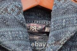 New RRL Ralph Lauren Blue Fair Isle Nordic Shawl Wool-Knit Cardigan Mens Large L
