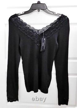 New Ralph Lauren $498rt Black Lace Beaded V-neck Long Sleeve Top sz M