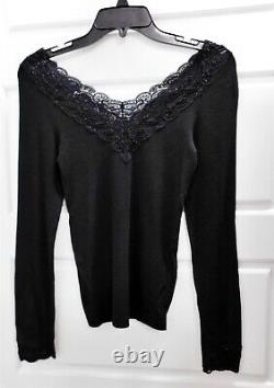 New Ralph Lauren $498rt Black Lace Beaded V-neck Long Sleeve Top sz M