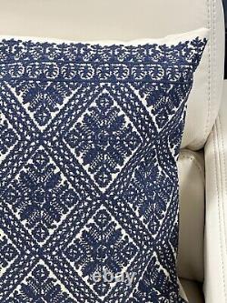 New Ralph Lauren Home Embroidered Throw Pillow 15x20 Lumbar Rectangle Blue Cream
