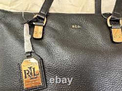 New Ralph Lauren Morrison Tote Black/Gold Pebbles Leather Handbag Large