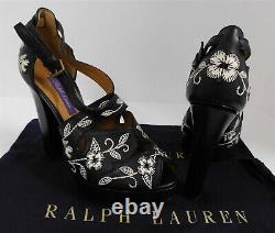 New Ralph Lauren Purple Label Black Leather Emboidered Floral Platform Heels 37