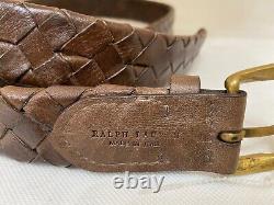 New Ralph Lauren Purple Label Italy Brown Braided Leather Belt Brass Buckle L