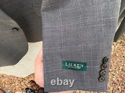 New Ralph Lauren Suit Gray Wool WindowPane Purple 46R Pants 40 $699 Flat Front