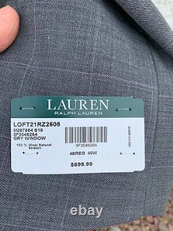 New Ralph Lauren Suit Gray Wool WindowPane Purple 46R Pants 40 $699 Flat Front