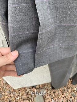 New Ralph Lauren Suit Gray Wool WindowPane Purple 46R Pants 40 $699 Flat Front