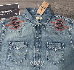 POLO RALPH LAUREN Men Denim Embroidered Aztec Western Pearl Snap Front Shirt NWT