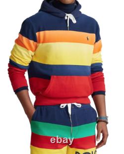 POLO RALPH LAUREN Men's Blue Multi Bold Stripe Colorblock Fleece Pullover Hoodie