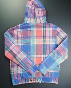 POLO RALPH LAUREN Men's Blue Multi Plaid Madras Fleece Pullover Hoodie NWT $388
