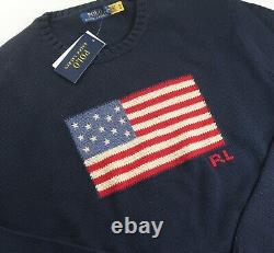 POLO RALPH LAUREN Men's Navy Blue USA Flag Knit Cotton Pullover Sweater NEW NWT