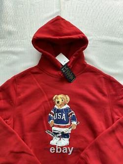POLO RALPH LAUREN Men's Red Polo Hockey Bear Fleece Pullover Hoodie NEW NWT