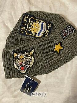 POLO RALPH LAUREN Mens Patch Beanie Hat TIGER Skull Watch Cap Upcycle OLIVE