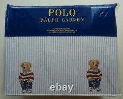 POLO Ralph Lauren Boy Teddy Bear QUEEN Blue Stripe Sheet Set Cotton 4 PCS NEW