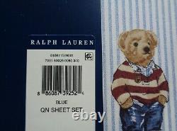 POLO Ralph Lauren Boy Teddy Bear QUEEN Blue Stripe Sheet Set Cotton 4 PCS NEW