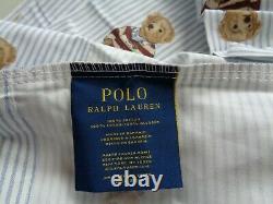 POLO Ralph Lauren Boy Teddy Bear QUEEN Blue Stripe Sheet Set Cotton 4 PCS NEW