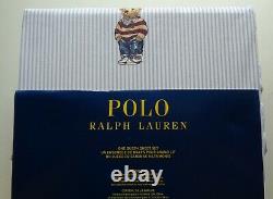POLO Ralph Lauren Boy Teddy Bear QUEEN Blue Stripe Sheet Set Cotton 4 PCS NEW