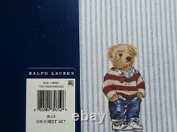POLO Ralph Lauren Boy Teddy Bear QUEEN Blue Stripe Sheet Set Cotton 4 PCS NEW