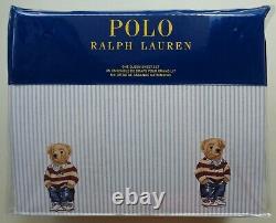 POLO Ralph Lauren Boy Teddy Bear QUEEN Blue Stripe Sheet Set Cotton 4 PCS NEW