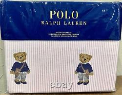 POLO Ralph Lauren Girl Teddy Bear QUEEN PINK Stripe Sheet Set Cotton 4 PCS NEW