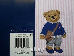 POLO Ralph Lauren Girl Teddy Bear QUEEN Pink Stripe Sheet Set Cotton 4 PCS NEW