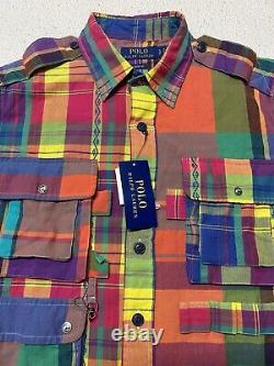 POLO Ralph Lauren Patchwork Madras Fun LS Buttondown Shirt Mens Small 3 Pockets