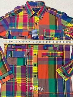 POLO Ralph Lauren Patchwork Madras Fun LS Buttondown Shirt Mens Small 3 Pockets