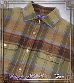 PURPLE LABEL Ralph Lauren Men's Brown Brushed Cotton Flannel Plaid Sport Shirt
