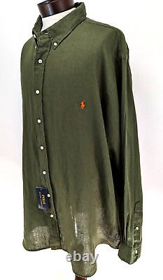 Polo RALPH LAUREN Big & Tall Mens 100% Linen Shirt Dark Sage Green Size 3XB NEW