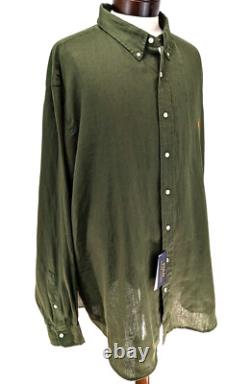 Polo RALPH LAUREN Big & Tall Mens 100% Linen Shirt Dark Sage Green Size 3XB NEW