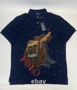 Polo Ralph Lauren Classic Fit Saddle Print Mesh Short Sleeve Polo Shirt Navy L