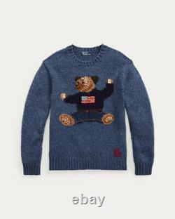 Polo Ralph Lauren Denim Blue Wool USA Sit Down Bear Sweater