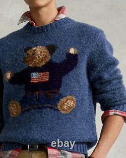 Polo Ralph Lauren Denim Blue Wool USA Sit Down Bear Sweater