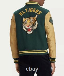 Polo Ralph Lauren Large Letterman Varsity Jacket Leather RRL Rugby Green Tiger