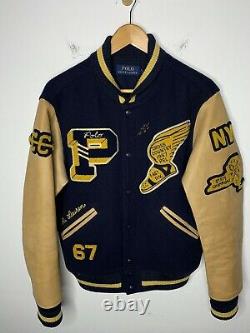 Polo Ralph Lauren Medium Letterman Varsity Jacket Leather RRL Rugby P Wing Patch