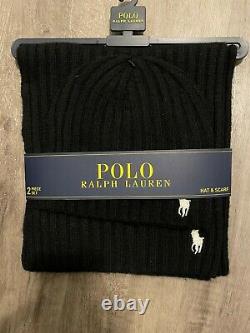 Polo Ralph Lauren Men's 2 Piece Set Hat & Scarf Black Lambswool Blend NWT 150$